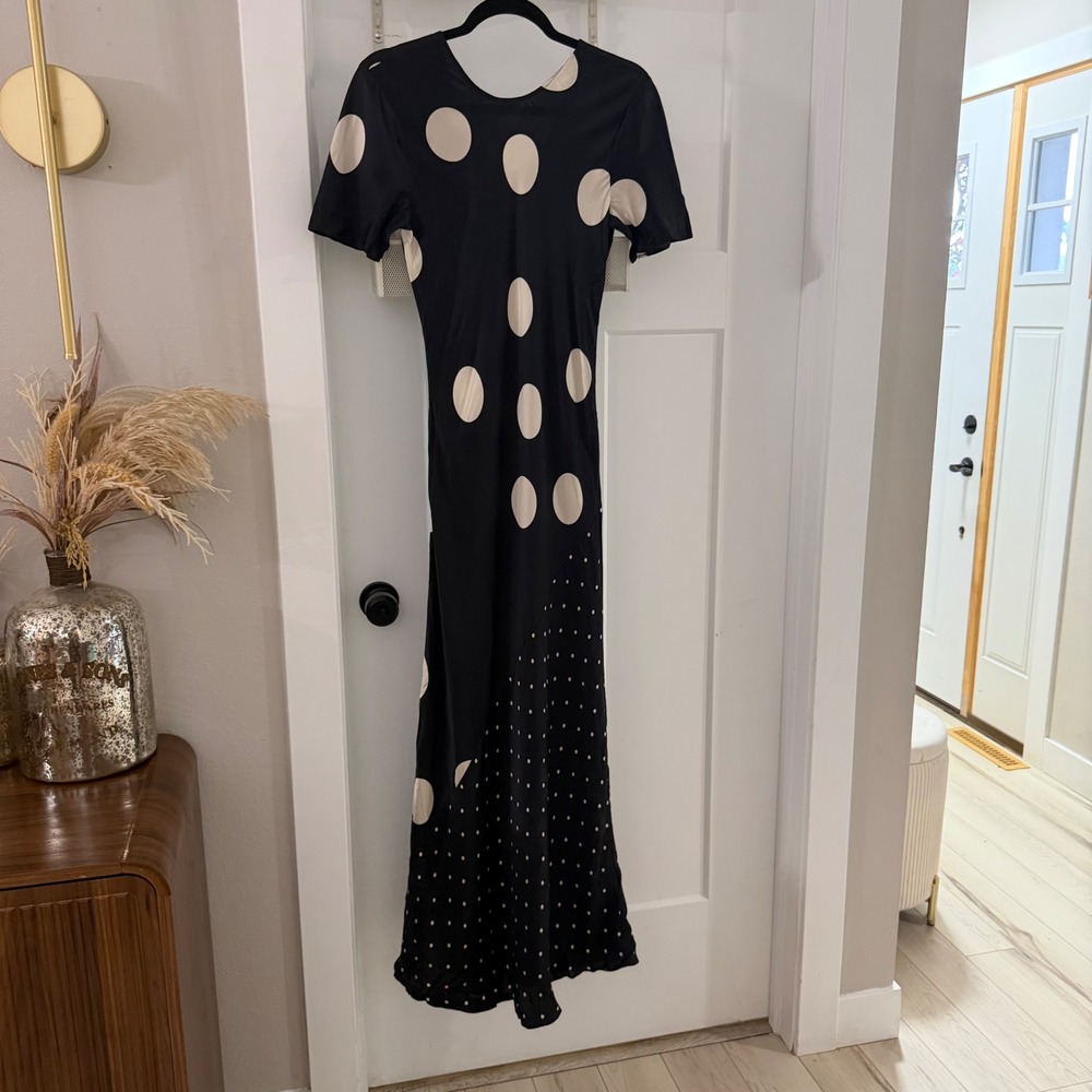 Silk Laundry Black Polka Dot Short Sleeve Silk Midi Dress S Quiet Luxury Chic